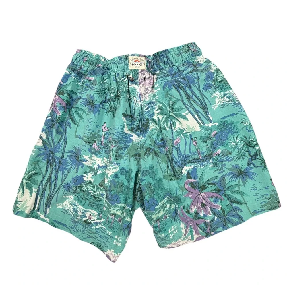 Faherty Mens Swim Trunks Tropical Palm Tree Print Green Large